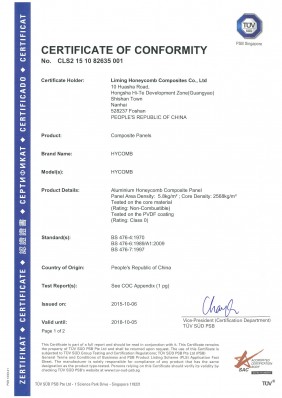HyCOMB Panels Certificate of Conformity (COC) from TUV SUD