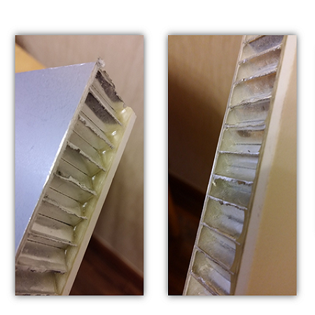 Aluminium honeycomb Panels quality comparison - traditional epoxy (left) vs thermal adhesive film (right)